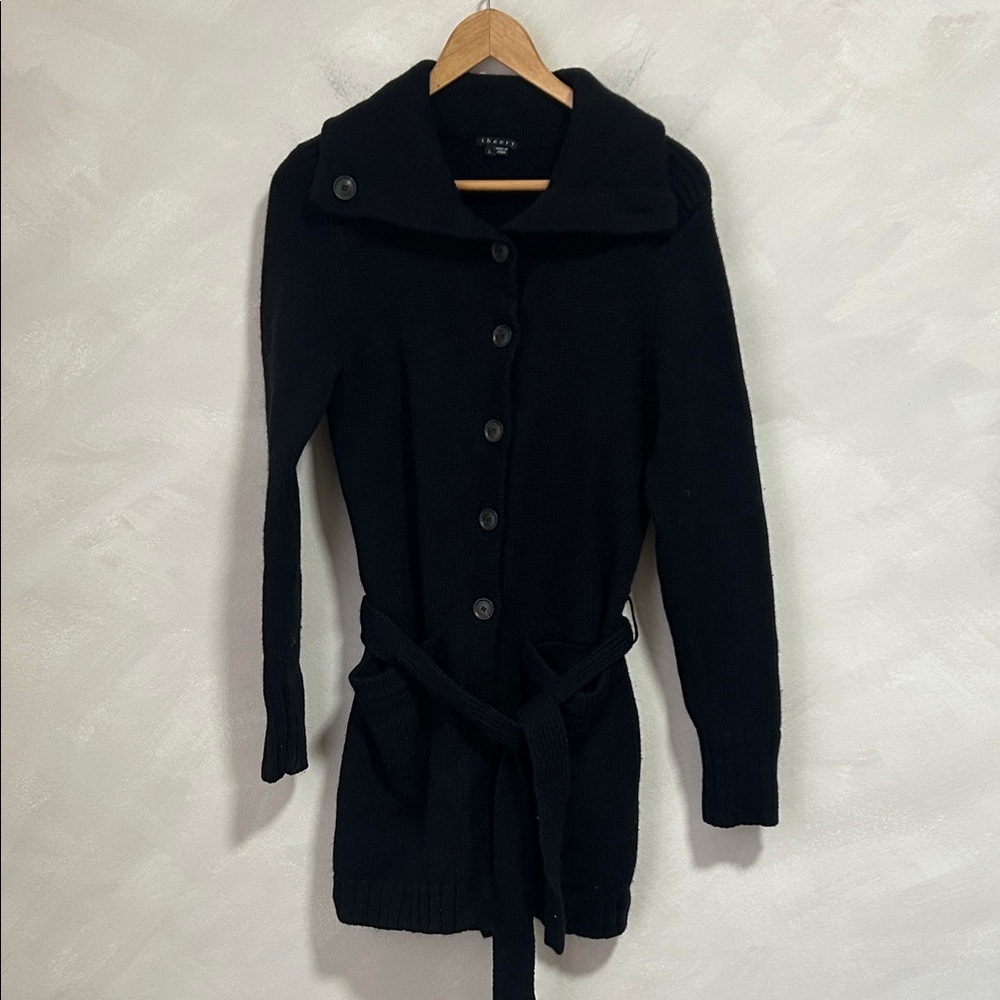 Theory button collar wrap long cardigan, merino cashmere and mohair blend